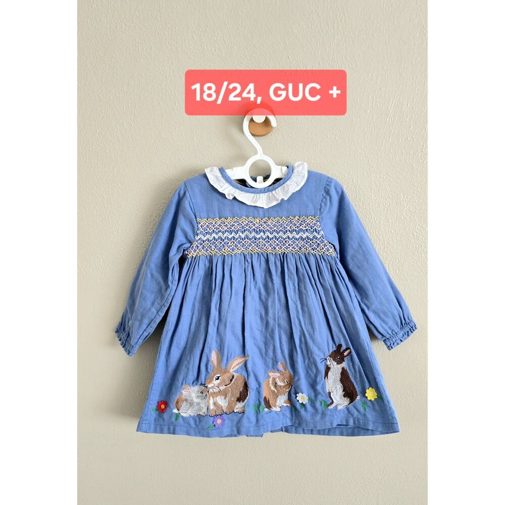 GUC+ Mini Boden Nostalgic Woven Dress Riviera Blue Bunnies, Sz 18/24